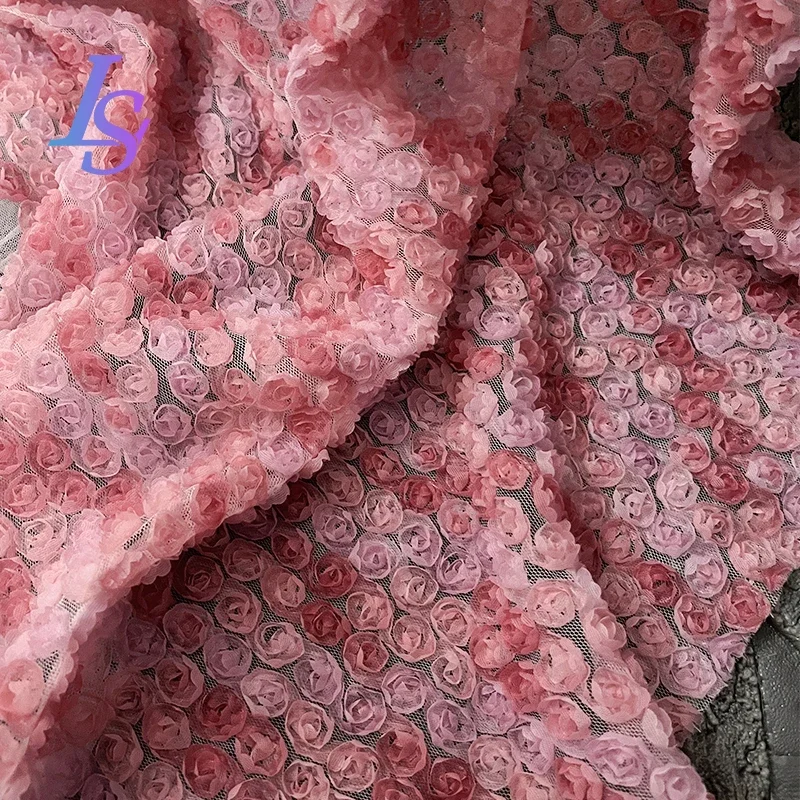 Little Rose 3D Flower Mesh Fabric Gradient ricamato scialle Dress Stage Costume Designer Fabric