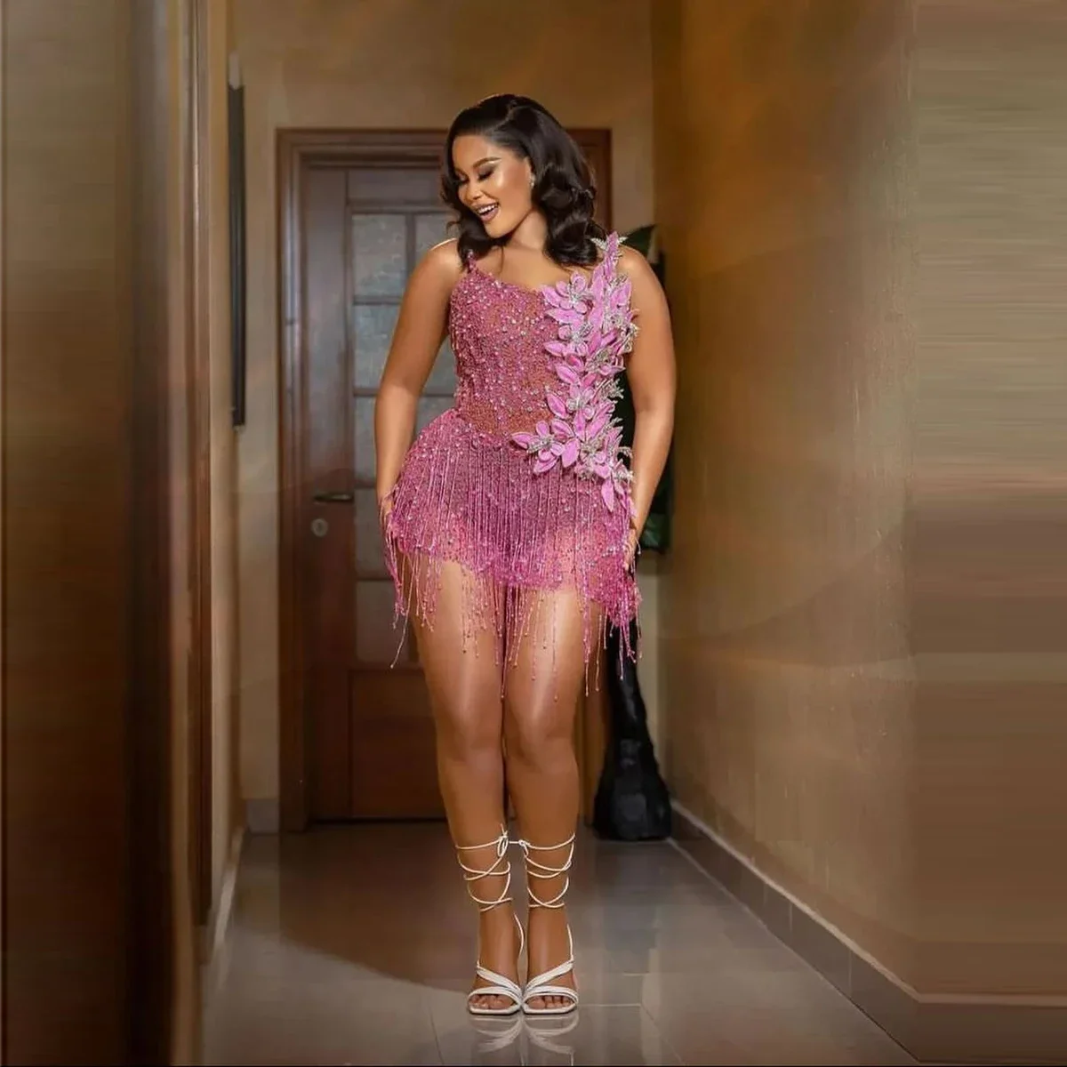 Com alças de espaguete contas borlas flores artesanais aso ebi vestido de baile de aniversário vestidos de ocasião formal vestidos de cocktail sexy