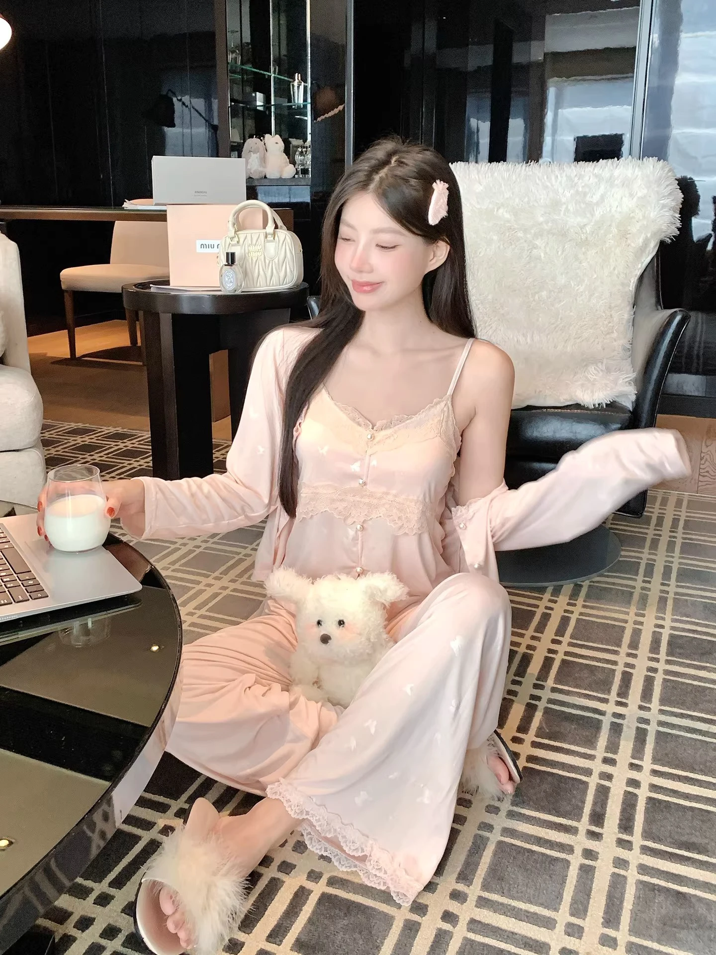 Sexy Pure Desire Lace Trim Three Piece Set Nightgown Women's Home Clothes Set with Chest Pad V Neck Long Sleeve Soft Comfortable