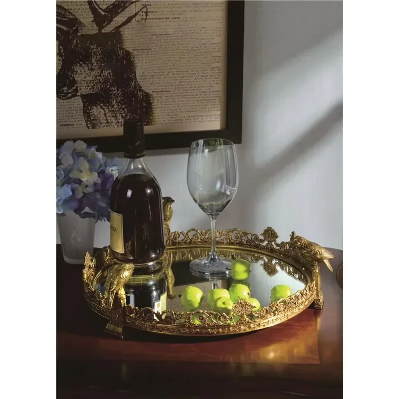 Luxury Round Brass Mirror Tray for Home Decoration Fruit Plate Bird Accessories Elegant Metal Serving Dish Decorative