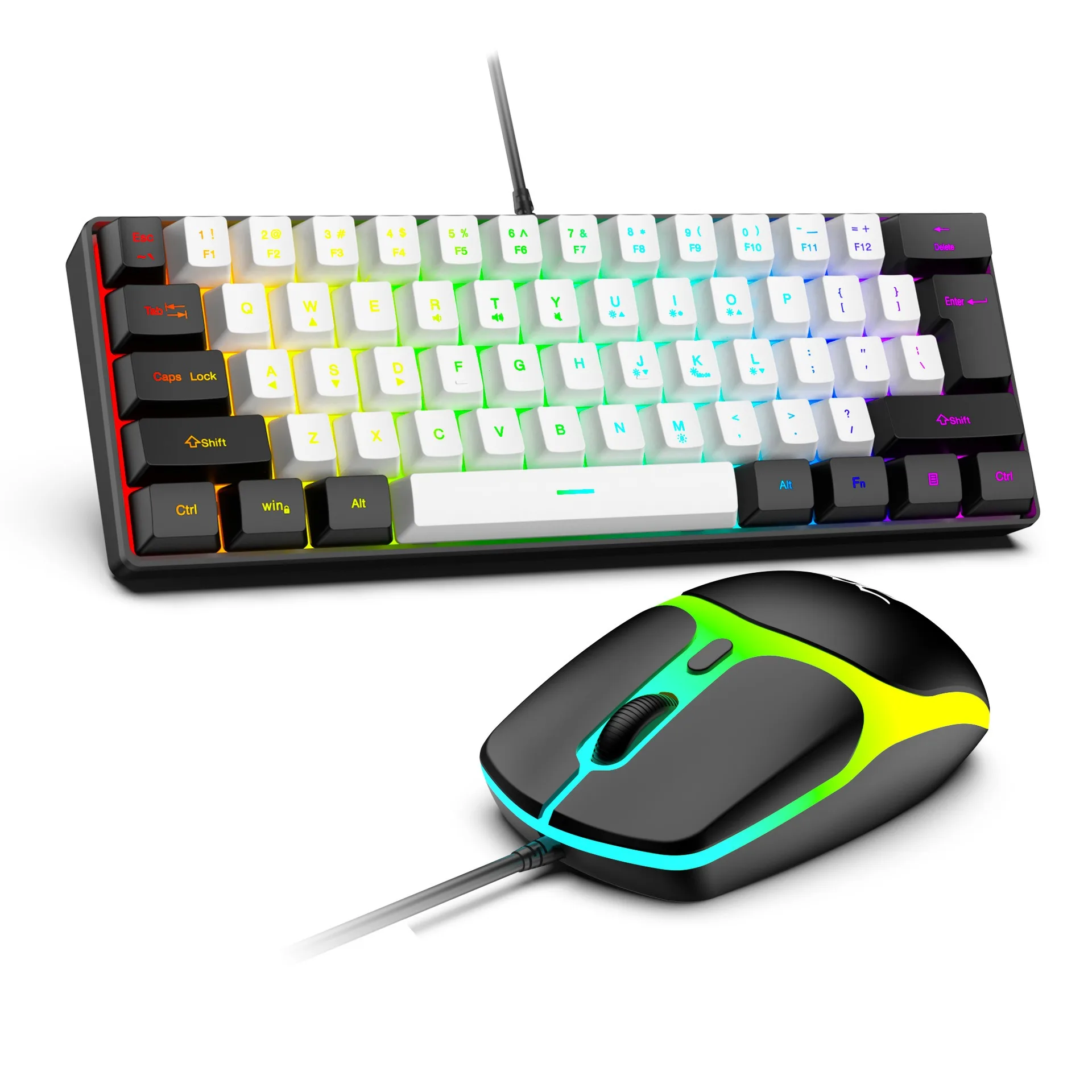 61 Keys RGB Gaming Wired Keyboard Mouse Set Colorful Mini Compact Black White Computer Keypad Mice Set for Office PC Gamer
