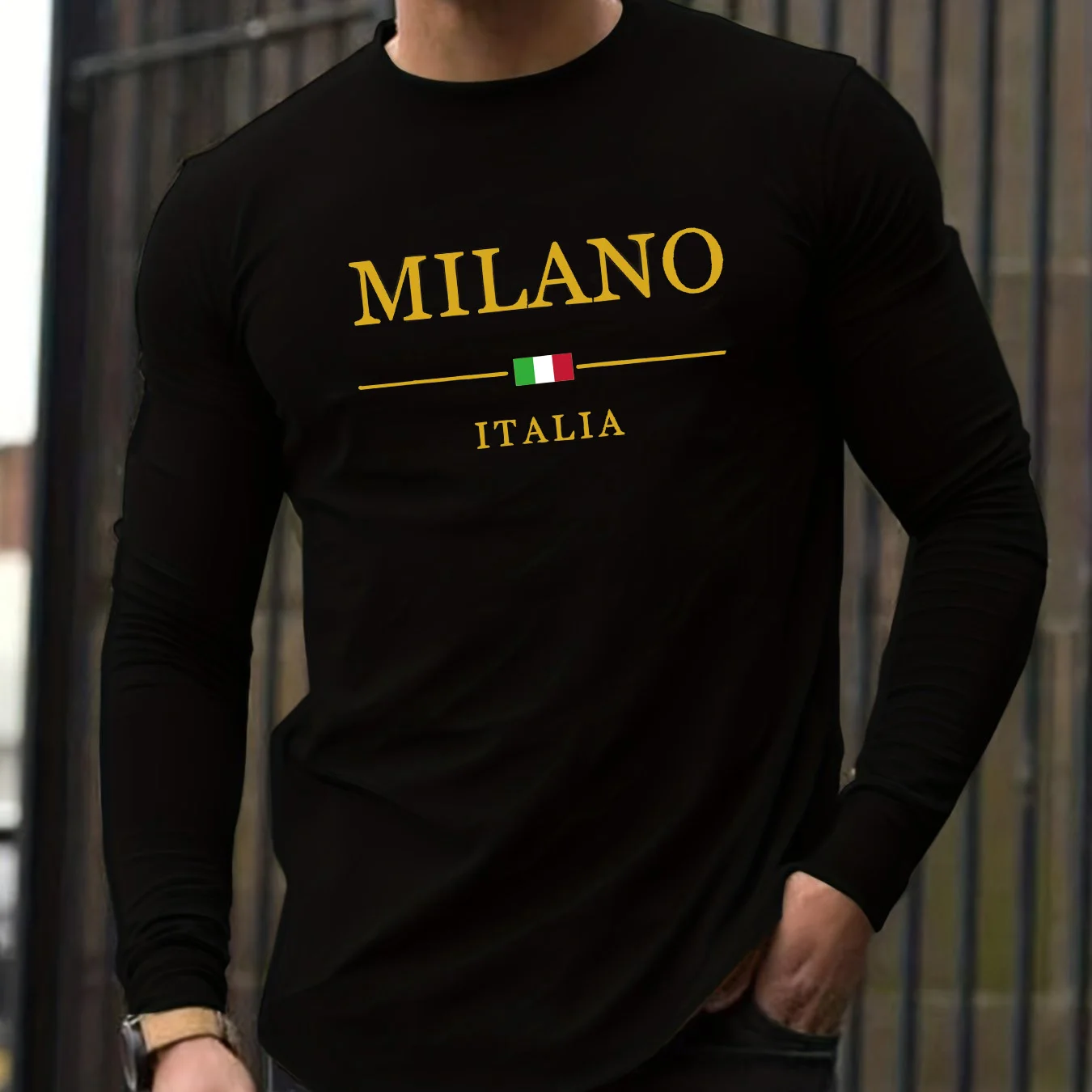 Pop Men's Spring And Autumn 100% Cotton Comfortable Casual MILANO ITALIA Pattern Printed Round Neck Long Sleeve T-shirt Top