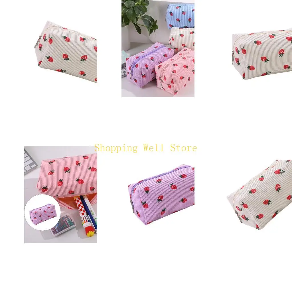 KX4B Corduroy Pencil Pouches with Strawberry Print Large Capacity Portable Bag
