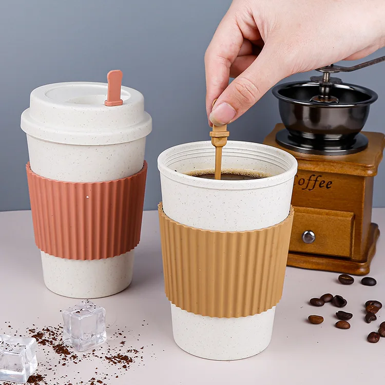 Wheat Straw Plastic Coffee Cup Outdoor Sealed Portable Water Cup Travel With Lid Handy Plastic Mark