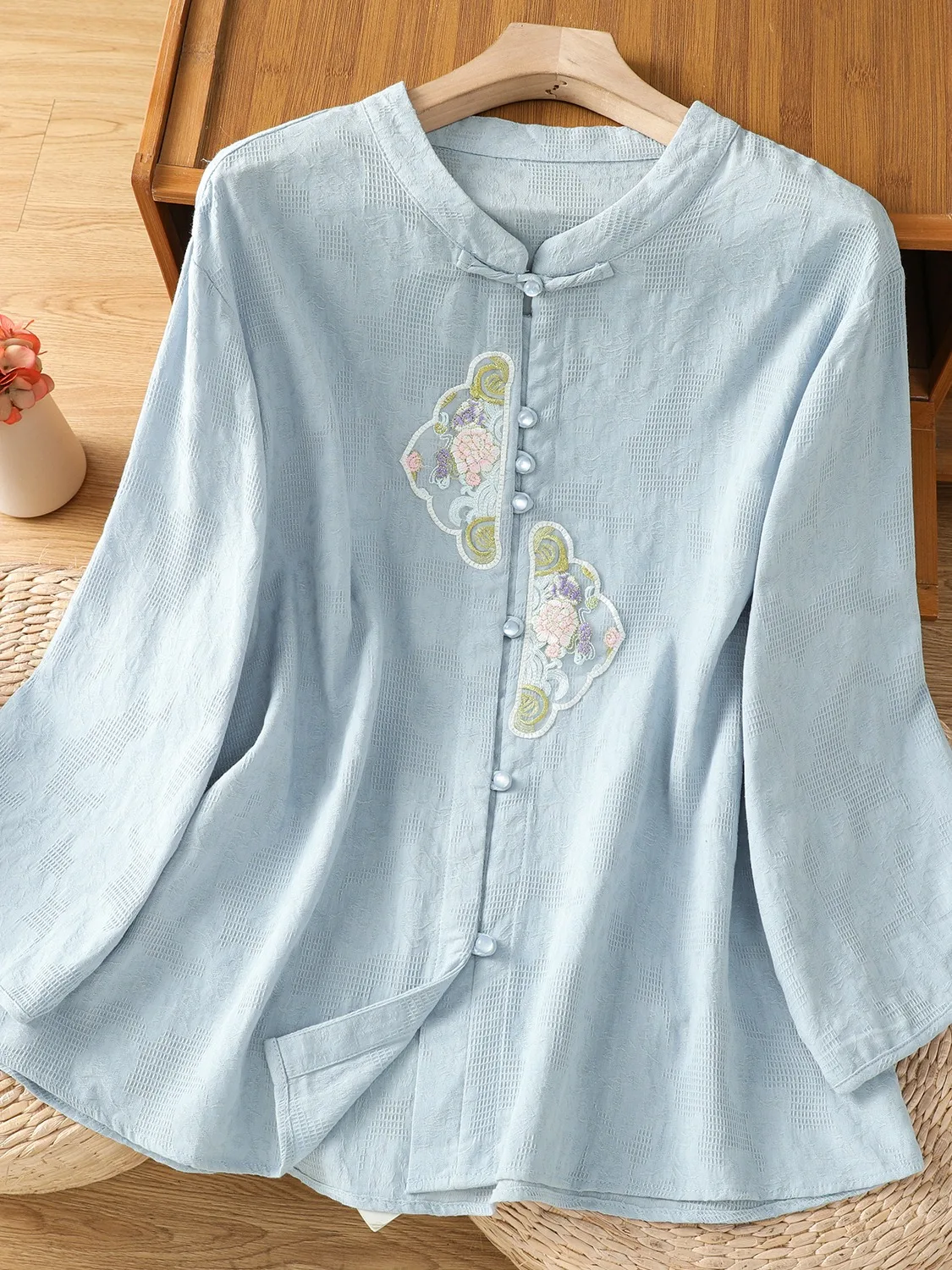 Haut d'été en lin brodé pour femmes, haut de gamme, couleur Vintage chinois, boutonné, irt, coton et lin, 3/4 Sve