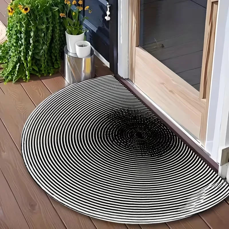 Concentric Circle Semi-Circular Doormat Non-Slip Absorbent Soft Floor Carpet Modern Minimalist Geometric Striped Entryway Rug