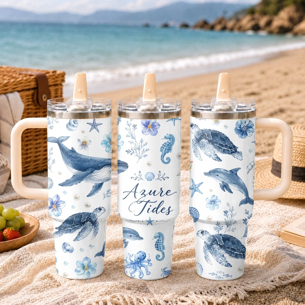 Sea Turtles Whale Sharks And Dolphins Vacuum Flasks 40oz Thermal Tumbler Handle Stainless Steel Insulated Water Portable Mug Cup