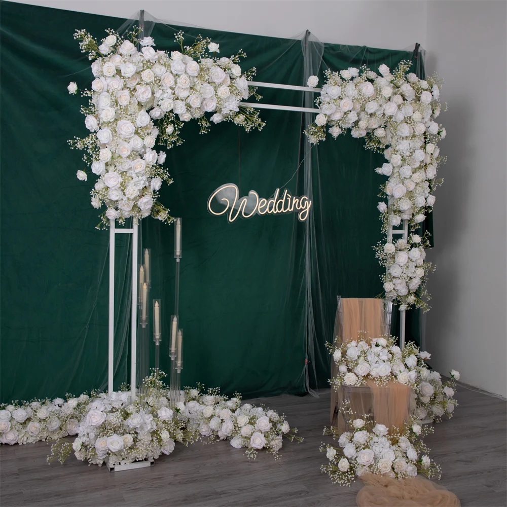 Triangular Flower Row for Wedding, Floral Arrangement, Event Backdrop, White Yellow Rose Decoration, 3.2ft