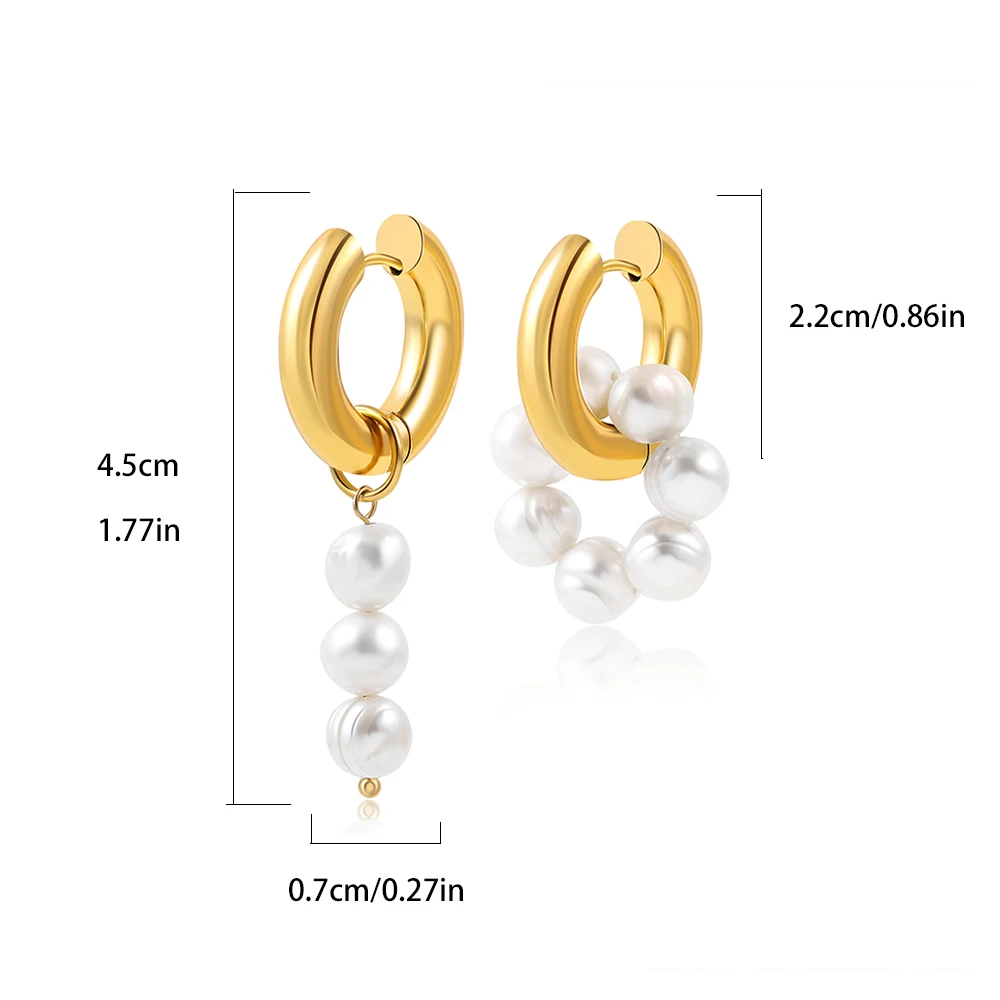 Trendy Asymmetry Natural Pearls Dangle Earrings Punk Stainless Steel Round Circle Huggie Earrings Jewelry Gift for Women