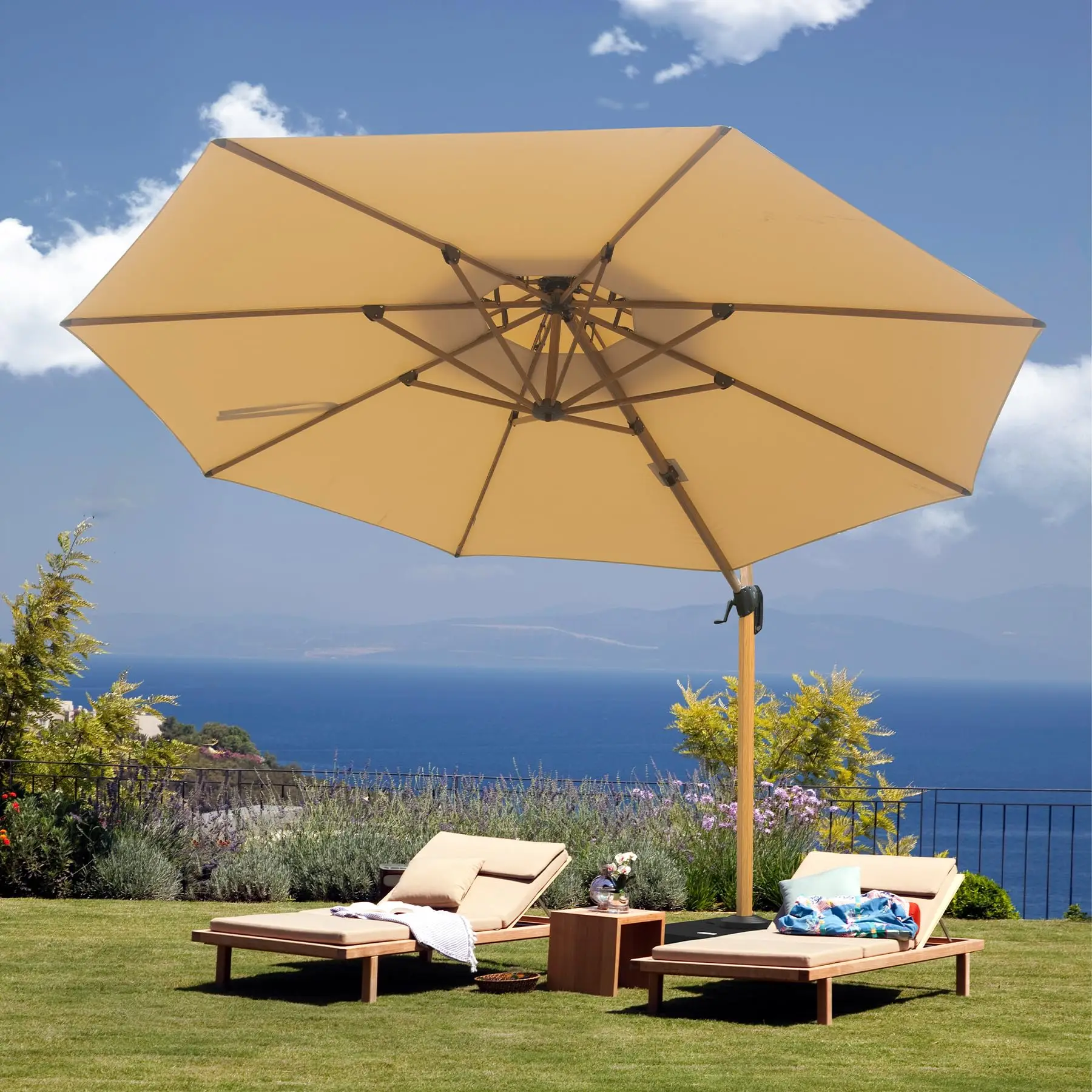 

3M Windproof Offset Patio Umbrella Large Cantilever Outdoor Umbrella With Wood Aluminum Frame For Garden Deck Pool Patio
