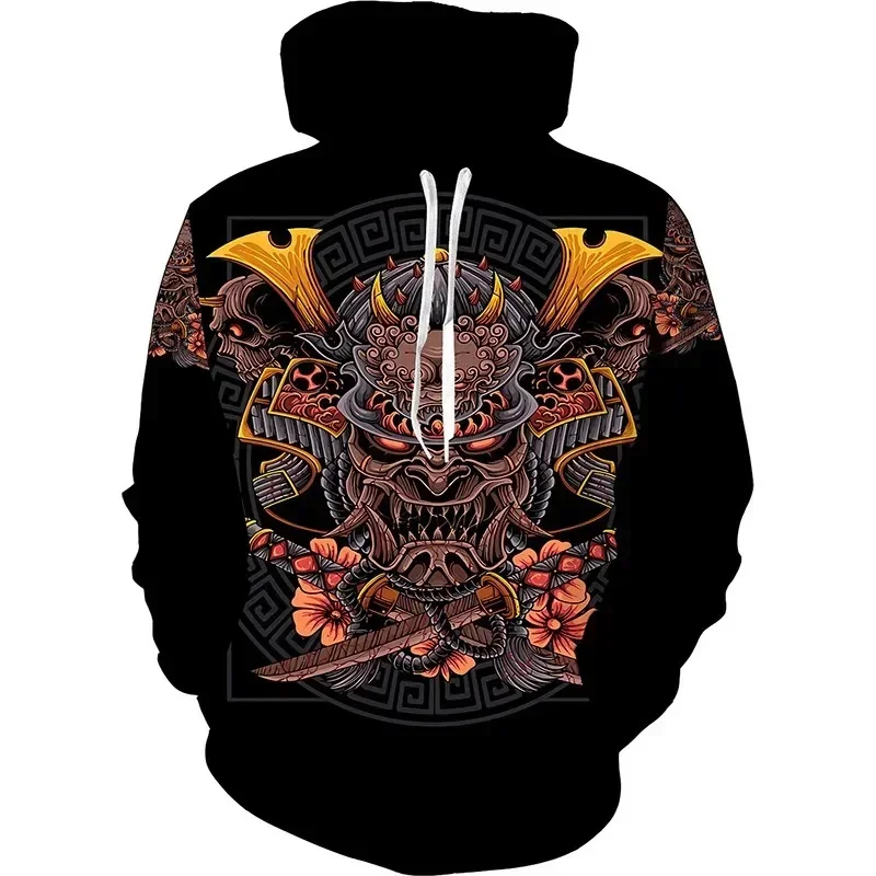 Ghost Mask Pattern Graphic Hoodie For Men Japan Samurai 3D Printed Sweatshirt Casual Pullover Loose Hoodies Long Sleeve Tops