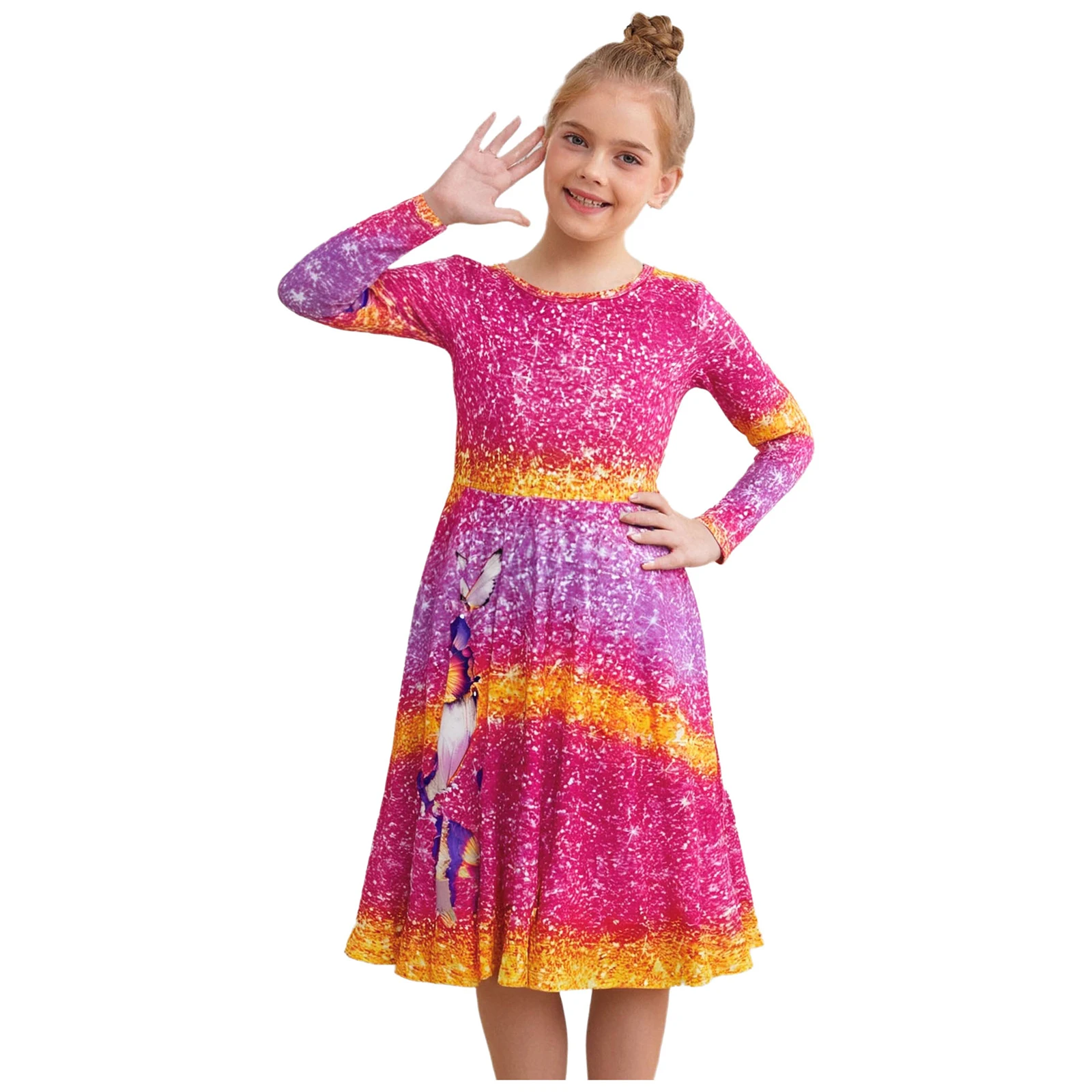 Kids Girls Dress Butterfly Printed Gradient Color Bohemia Long Dress Round Neck Long Sleeve Dress for Birthday Party Beachwear