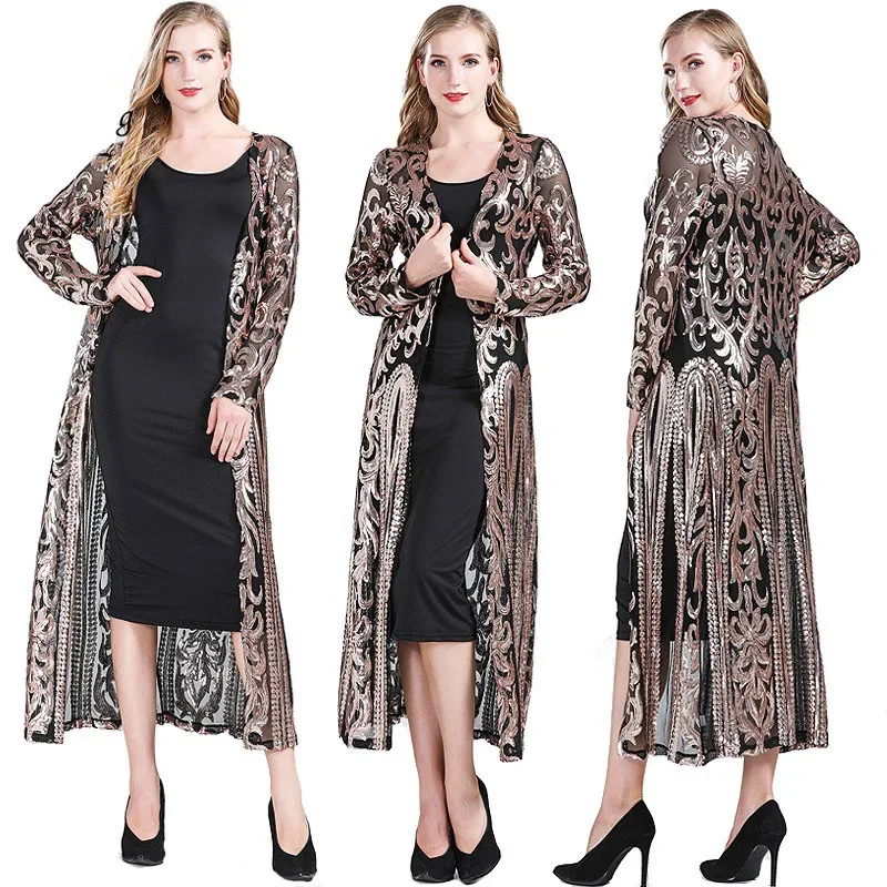 2024 Lady's Luxury Long Sleeve Cardigan Women Fashion Long Dress Slim Aglare formal Dress Clothing Pageant Party Gown Costume