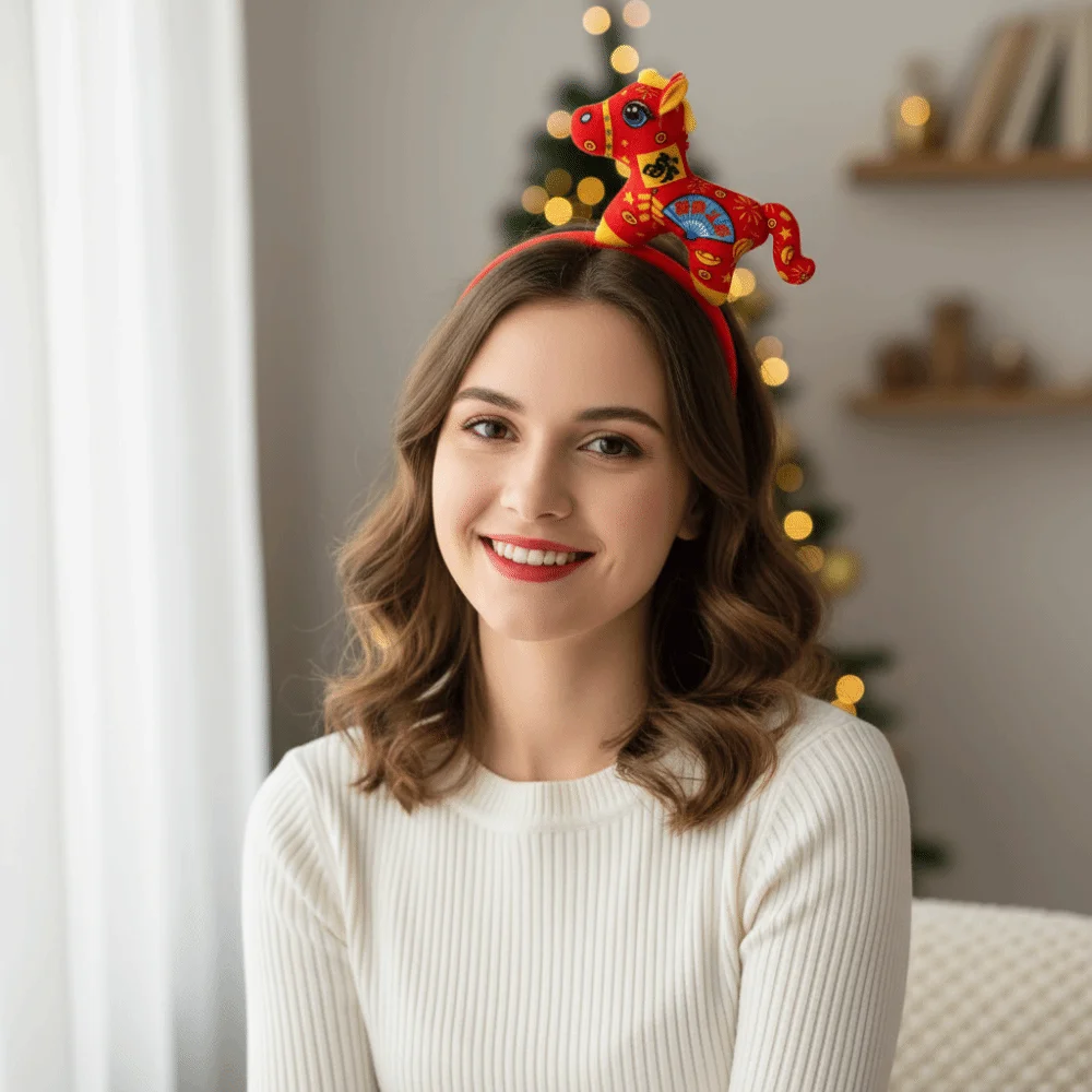 

Изысканный обруч для волос с рисунком лошади, талисман пони, плюшевая повязка на голову с лошадью, красный головной убор, новогодняя повязка на голову для женщин