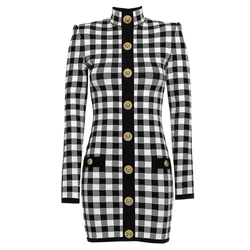 Three Colors Of High-quality And Fashionable New Knitted Plaid Button Back Zipper Long Sleeved Slim Fit Casual Women's Dress