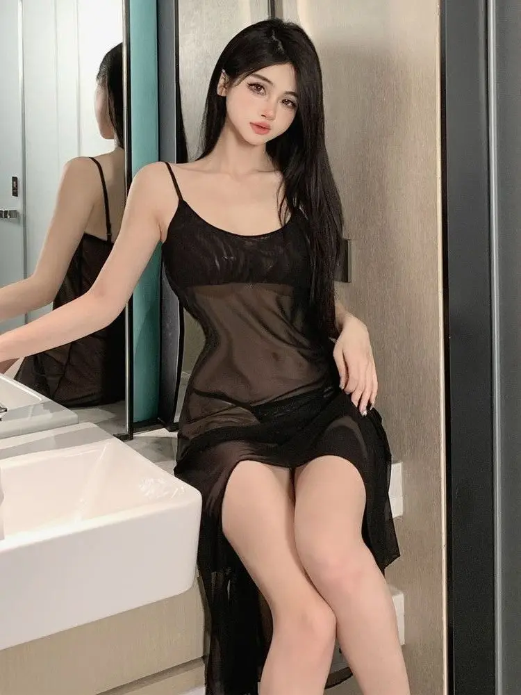 Estate stile classico erotico Sexy alta fessura maglia pizzo fascino maturo elegante vestito a metà polpaccio fionda donna tinta unita moda R34K