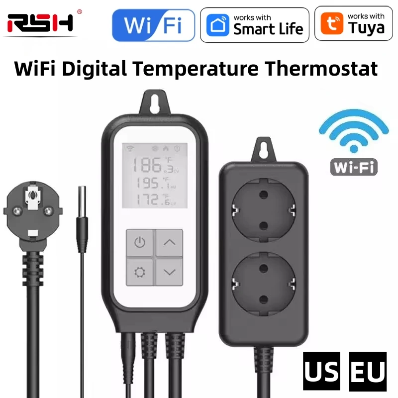 RSH Tuya WIFI Temperature Sensor Controller Thermostat Dual Heat Cooling Relay Socket Thermometer Smart Life Brewery Greenhouse