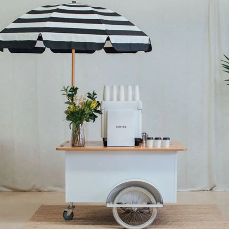 Wholesale Price Customized Metal Candy Cart Snack Beverage Service Cart Coffee Cart with Umbrella Business Sales