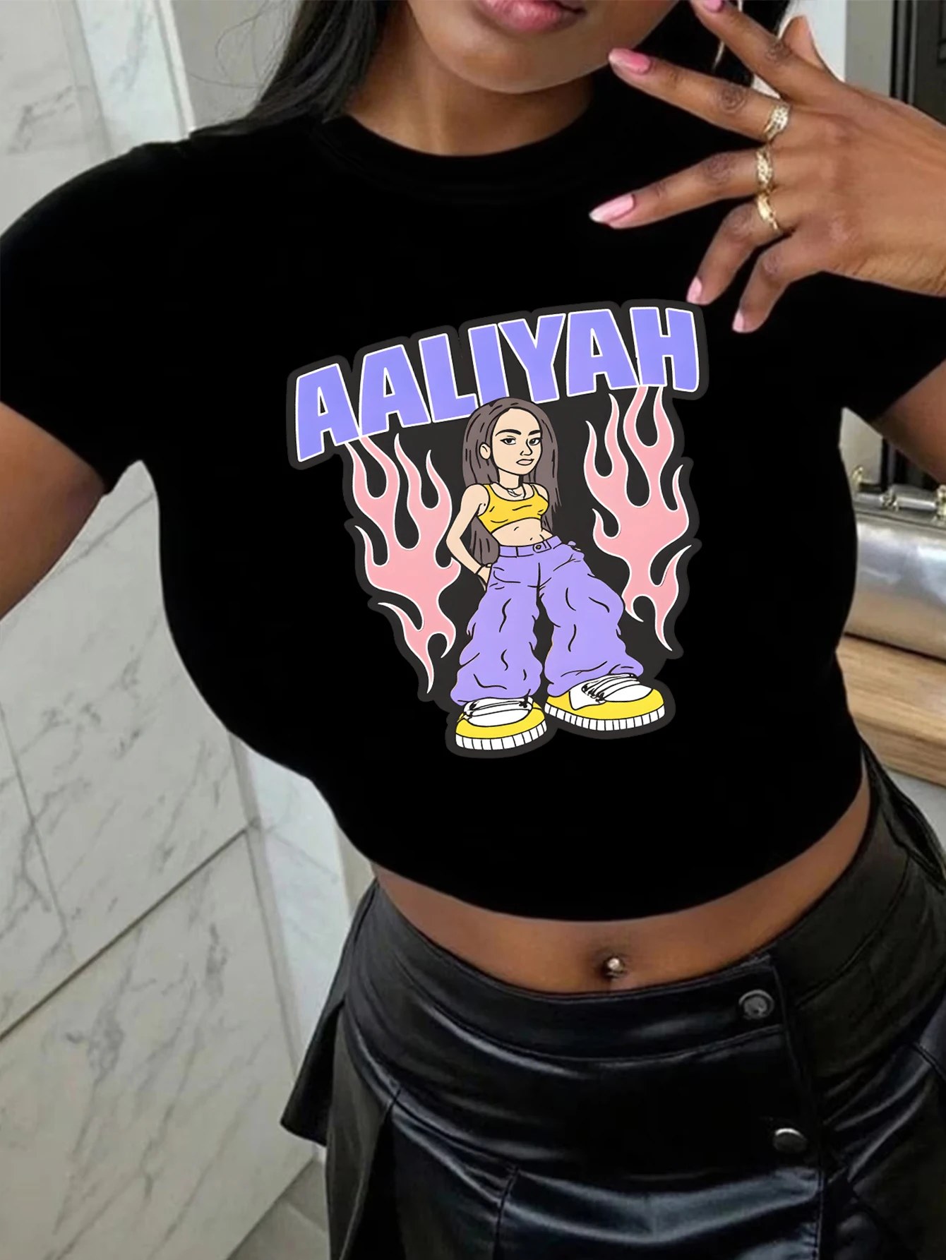 Women's Y2K vintage tomboy style casual American cartoon flame print fitted short-sleeved short dress.