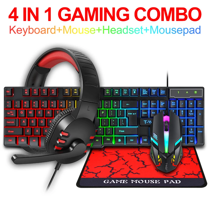 

T-WOLF TF-800 Set Four Pieces Wired Gaming Keyboard Mouse Headset Mouse Pad Luminous Gamers Home Wired Mouse For Players