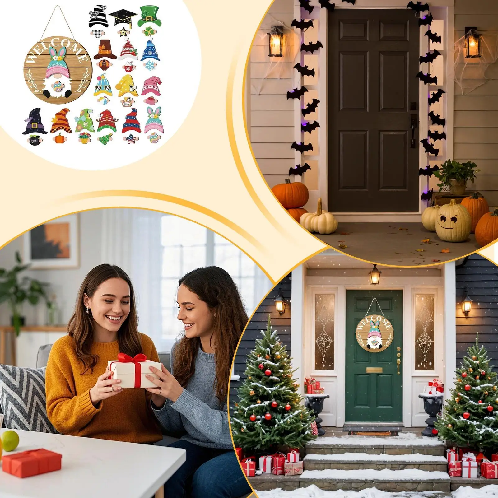 Wooden Decor Set -Gnome Interchangeable Seasonal Figures with Magnetic Pieces, Detachable Hats & Changeable Welcome Sign