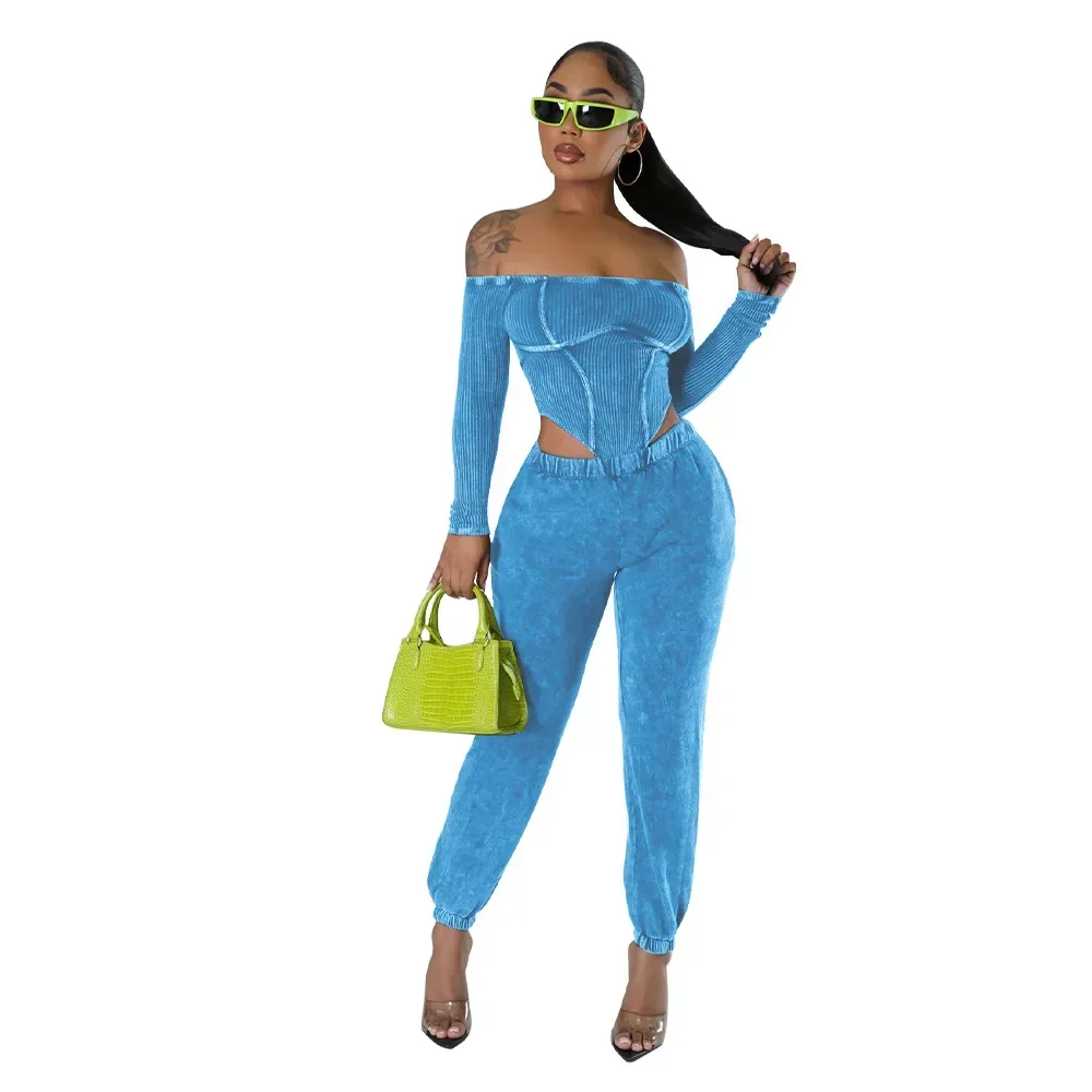 Streetwear Knitted 2 Piece Sets Women Outfit Sporty Slash Neck Long Sleeve Bodysuit Tops and Sweatpants Casual Matching Sets