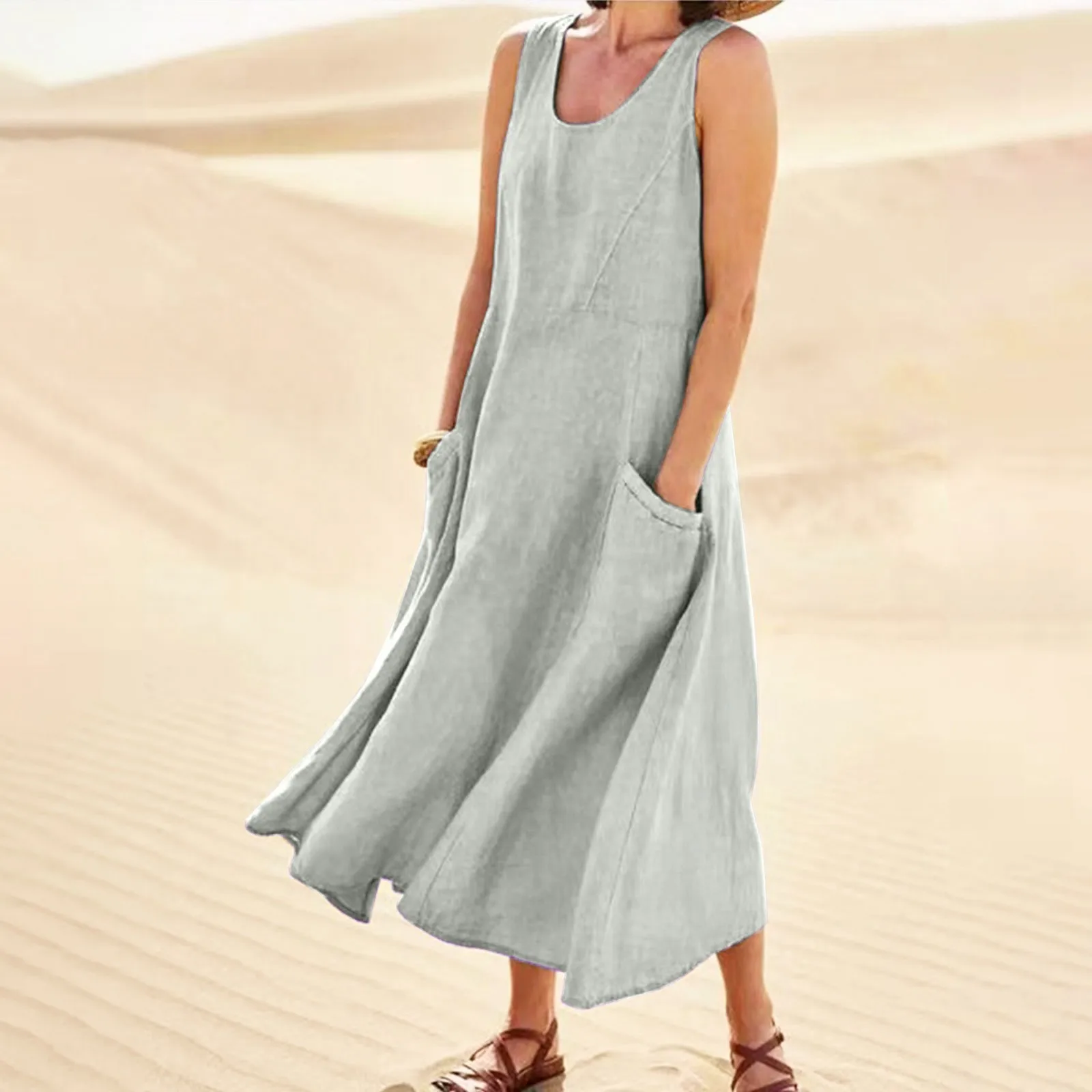 Lady Summer Ocean Holiday Style Solid Color Sleeveless Long Skirt Women Round Neck Pockets Casual Long Dress Daily Dress  ﻿