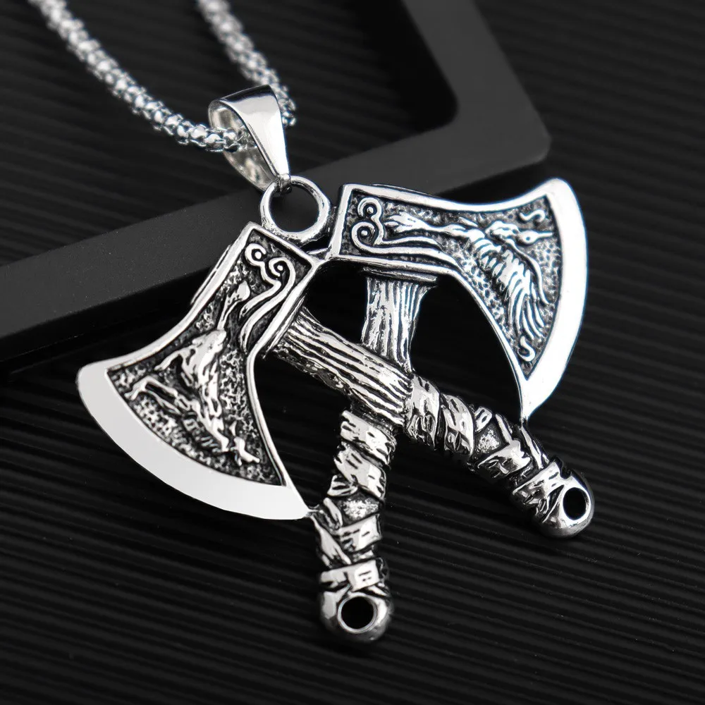 NORRON Wolf Eagle Relief Double Battle Axe Pendant Necklace Men Personality The Phoenix Viking Axe Alloy Pendant Fashion Jewelry