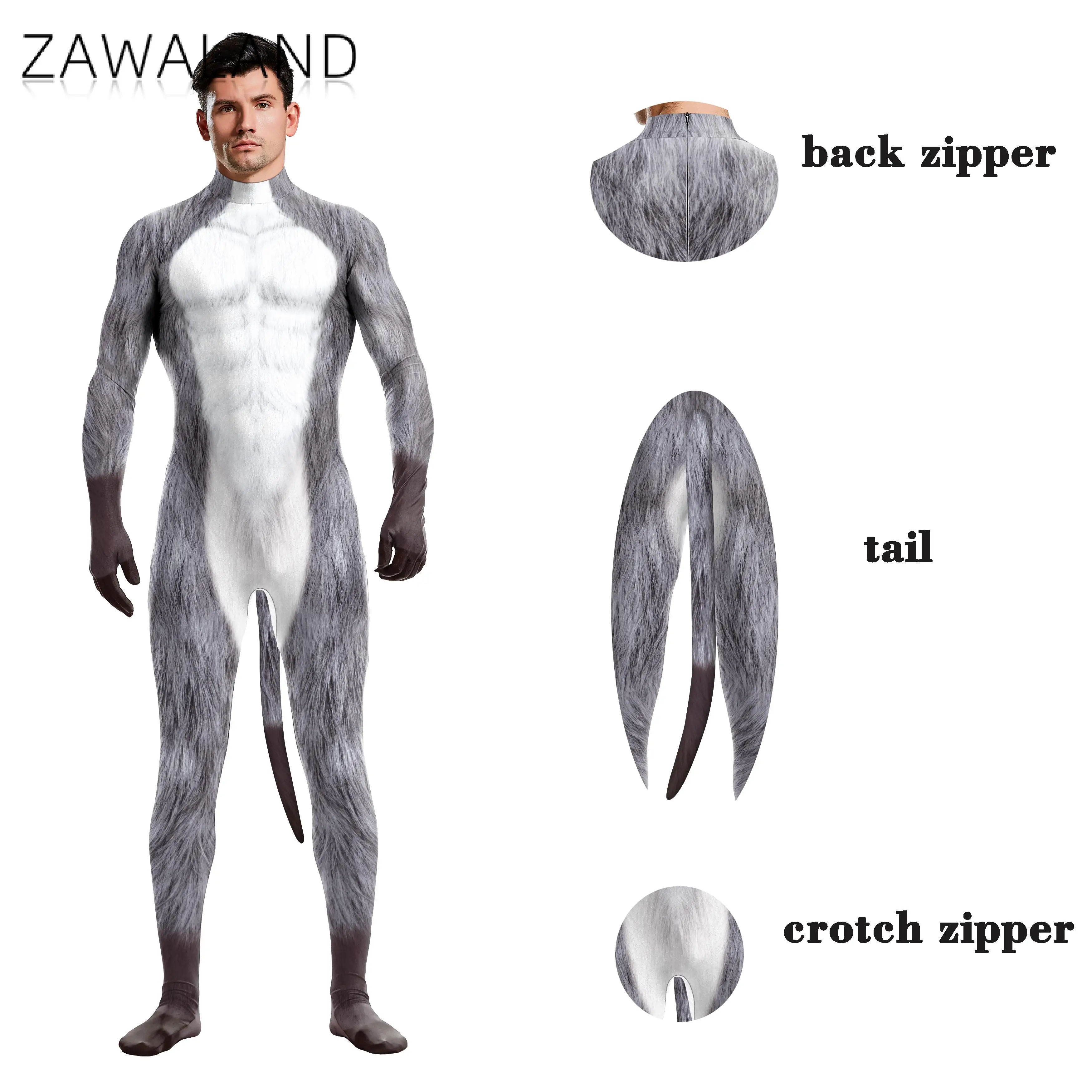 Zawaland Whole Cosplay Costumes Animal Full Cover Snow Wolf 3D Printed Fantasy Catsuit Adult Unisex Zentai Suit Bodysuit