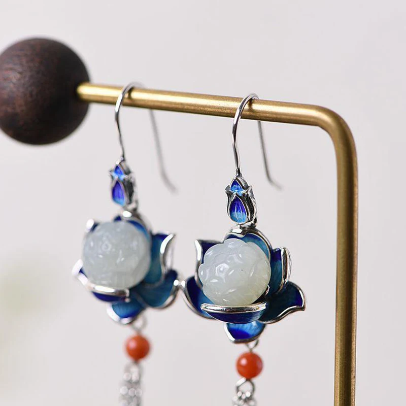 Natural Hetian White Jade Lotus Pond Enamel Porcelain Earrings Retro Palace Style Tassel Luxury Charm Women's Accessories