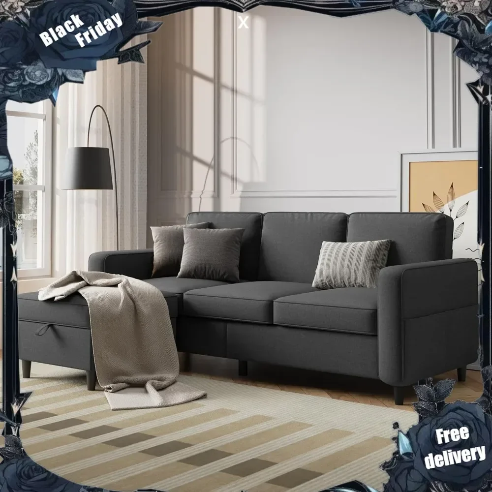 Sectional Sofa Couches for Living Room - 78'' Dark Grey 3 Seat L-Shaped Couch with Storage Ottoman