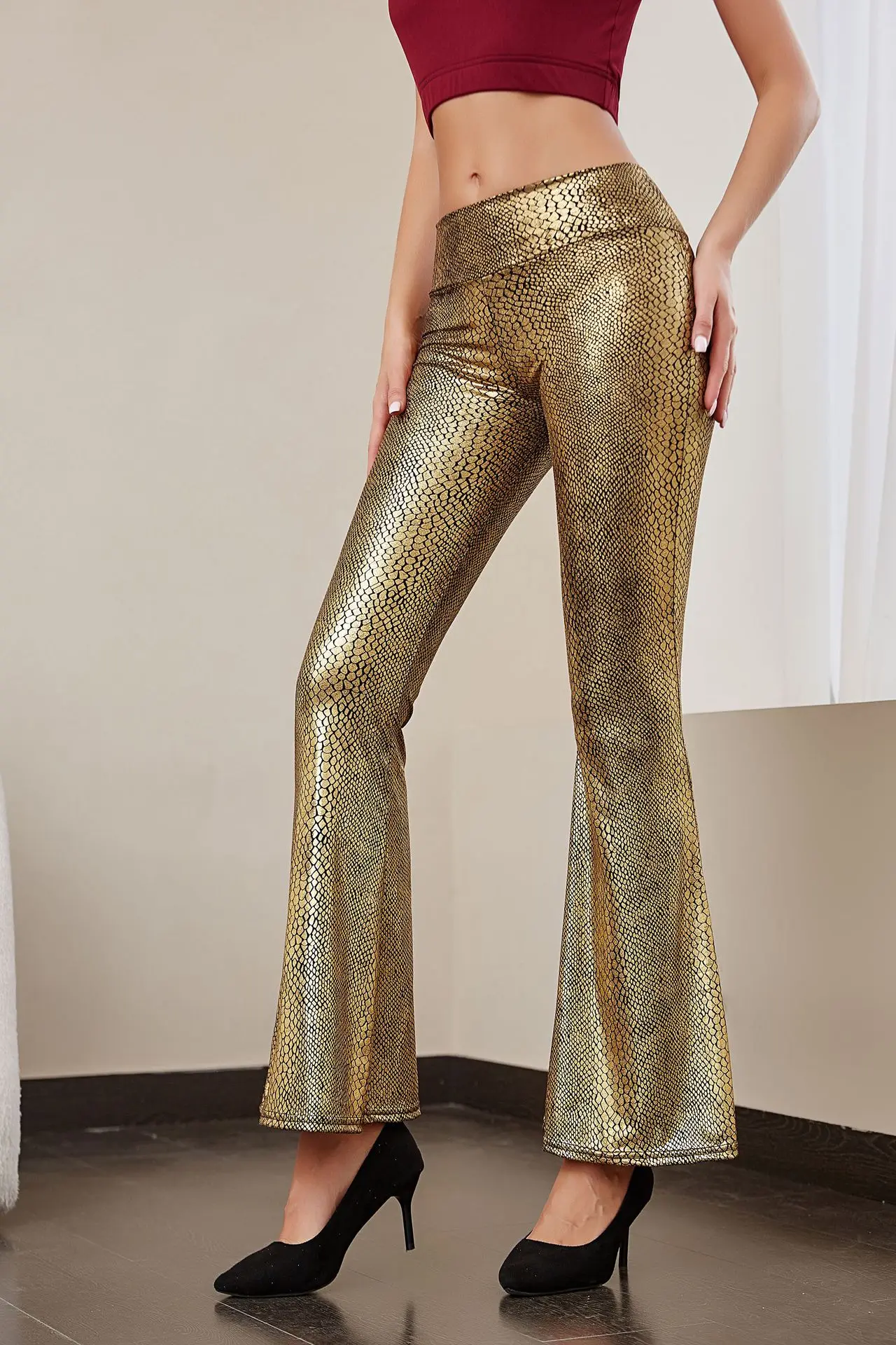 2023 New Women High Waist Flare  Y2k  Fashion Sexy Bodycon Ladies Trousers Club Pants Autumn Serpentine Bling Elegant