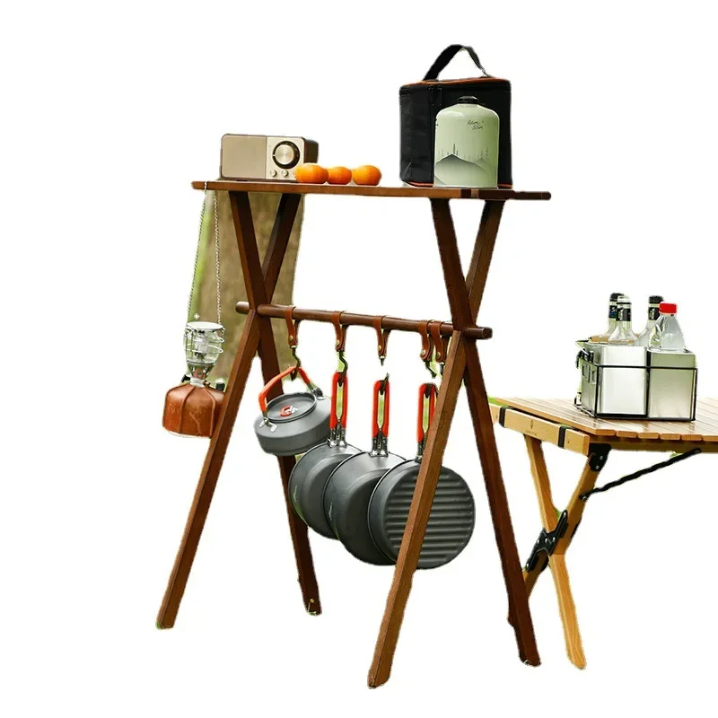 

Outdoor Camping Solid Wood Portable Removable Hook Bracket Camping Barbecue Triangle Storage Rack