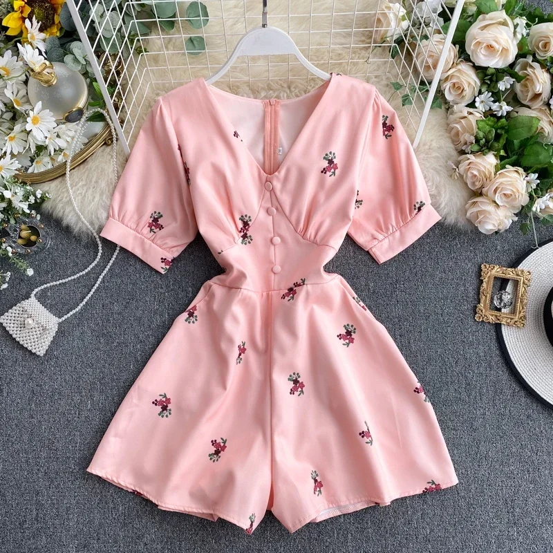 

New Summer Women's Jumpsuit Korean Vacation Style V-neck Print High-waisted Wide-leg Jumpsuit New Female Slim Jumpsuits DE651