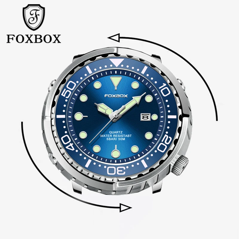 FOXBOX  Top Brand Fashion Diver Watch Men 50ATM Waterproof Date Clock Sport Watches Mens Quartz Wristwatch Relogio Masculino