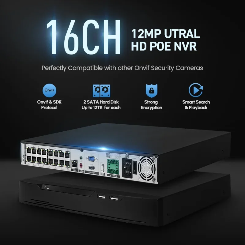 2026 4K 8MP 16 Channel Security Network Video Recorder Smart P2p H.265 NVR Support 2 SATA HDD 16ch Poe Nvr