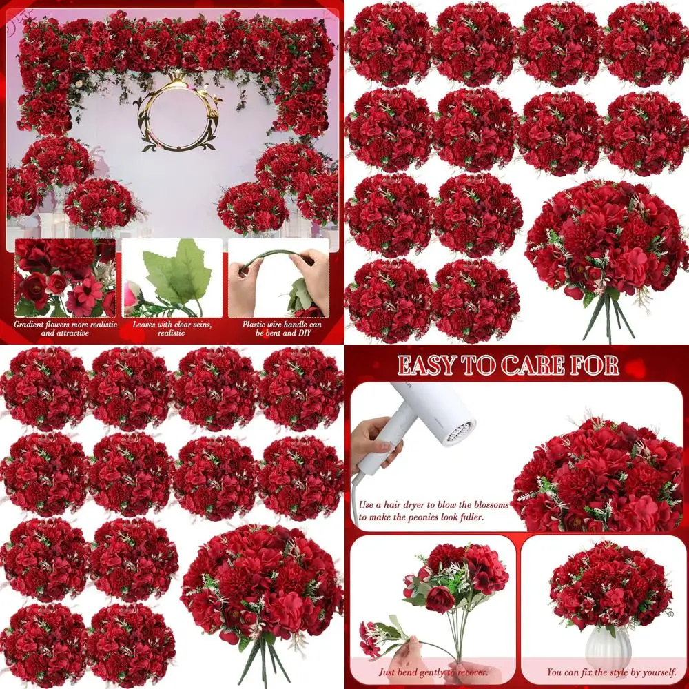 

Искусственные пионы и розы, букет из шелковых гортензий для свадебного декора стола, украшения дома или офиса, винно-красный цвет