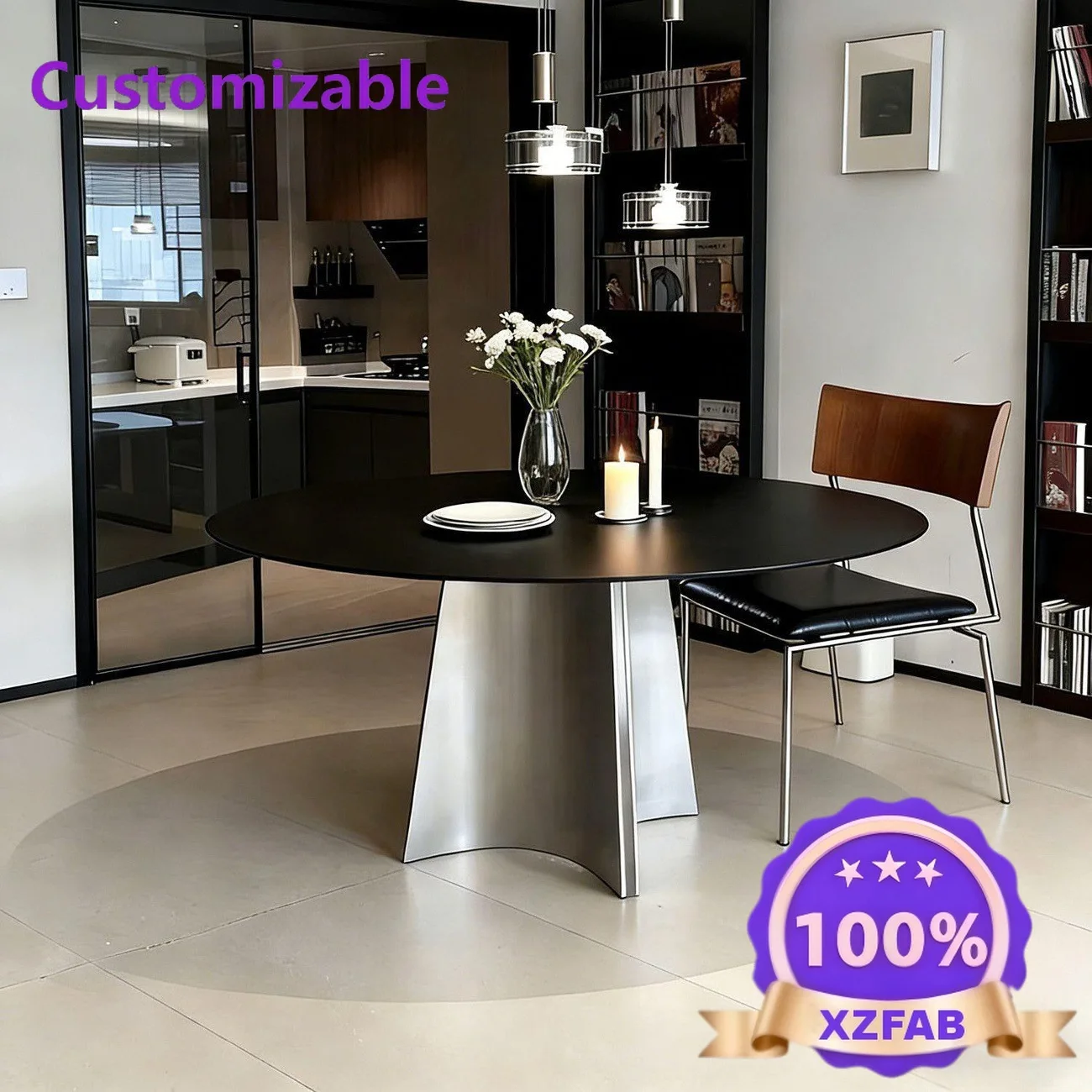 Factory Direct 2026 Italian rock slab stainless steel legs round full support dining table with turntable round table simple mod