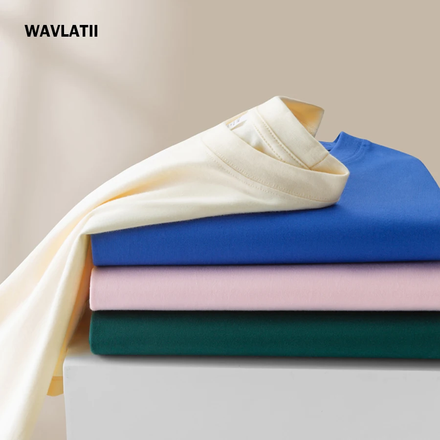 WAVLATII New Women Cotton T shirt Female 200 GSM Solid Basic Tees Lady O-neck White Black Short Sleeve Summer Unisex Tops WT2501