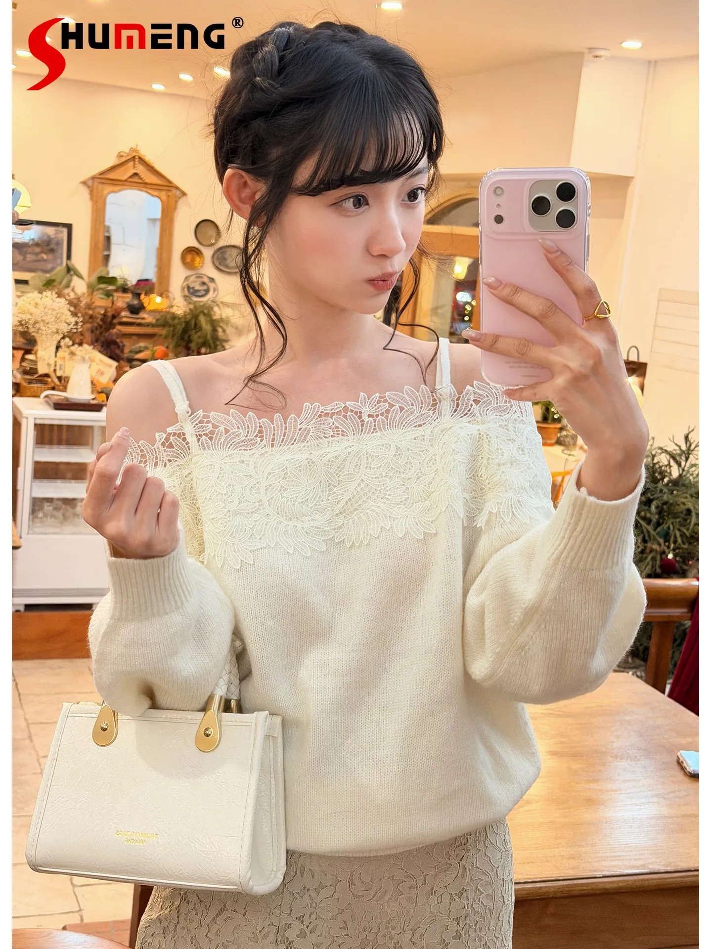 

Японский элегантный вязаный пуловер с кружевными вставками, открытыми плечами и длинными рукавами, универсальный, для женщин, весна 2026