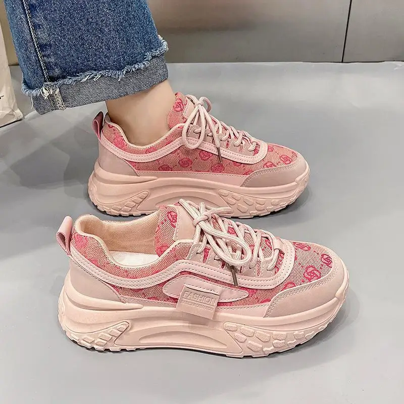 

SHANPA Pink Womens Sports Shoes Lightweight Korean Style Fashion Women Sneakers Versatile Casual Niche Lace Female Sneakers