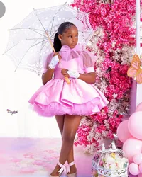 Vestido de fiesta rosa, vestidos de niña de flores, tul personalizado con volantes escalonados, vestidos de fiesta de cumpleaños para niños, vestido de boda de cuello alto para niños