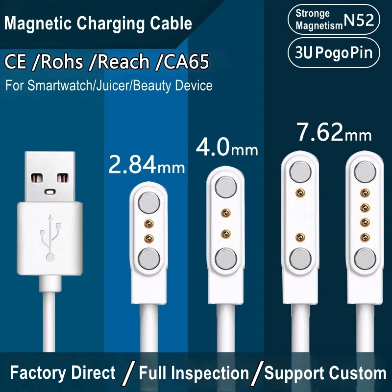 Cargador USB magnético para reloj inteligente, Cable de carga de 2 pines y 4 pines, adaptador de corriente, Cable largo para reloj inteligente,