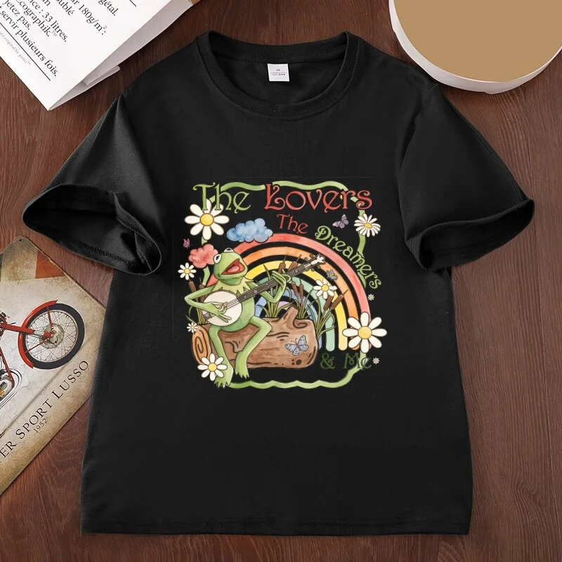 The Lovers The Dreamers Me T-Shirt Boho Kermit Frog Banjo T Shirt Retro Flower Rainbow Tshirt Cotton Short Sleeve Round Neck Tee