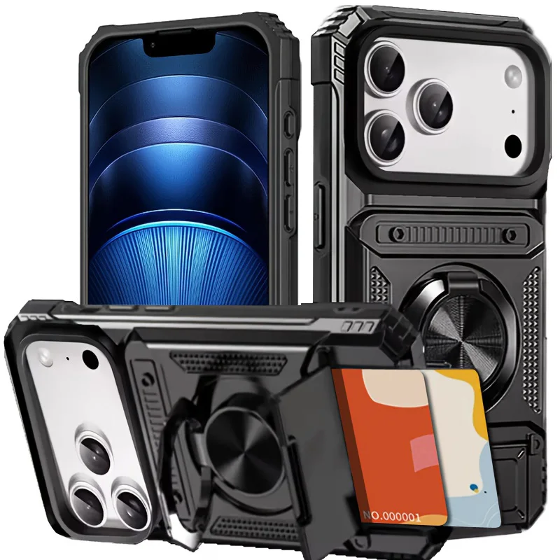 Stoßfester Schutz, schwere Hartschale mit Ständer, Kartenfächern, Hülle für iPhone 17, 16, 15, 14, 13, Pro Max Air, iPhone 11, robuste Abdeckung