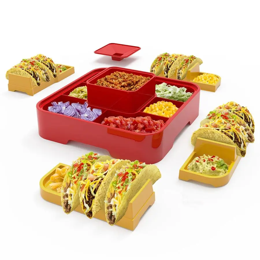 Juego de servicio de bar para fiesta Taco Tuesday Kit de 4 soportes para tacos personales, Taco Night para Burritos, Nachos, 7 compartimentos para Tac