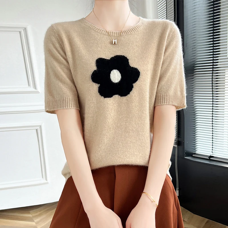 

Fashion Women 100% Merino Wool O-Neck Fashion Flower Knit Sweater Short Sleeves Pullover Cashmere Soft Comfortable Clothing Top