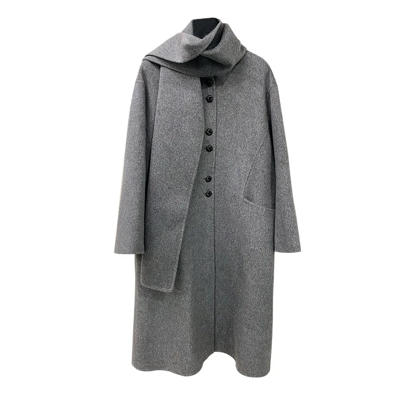 2024 Winter Vintage Designed Round Collar High Quality Both Side Long Sleeve Lady Loose Outwear Women Wool Solid Coat With Scarf