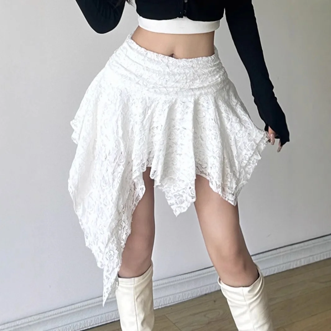 

Women Low Rise Skirt Short A Line American Street Retro Lace Irregular New Fashionable Vacation Layered Pleated Casual Skirt
