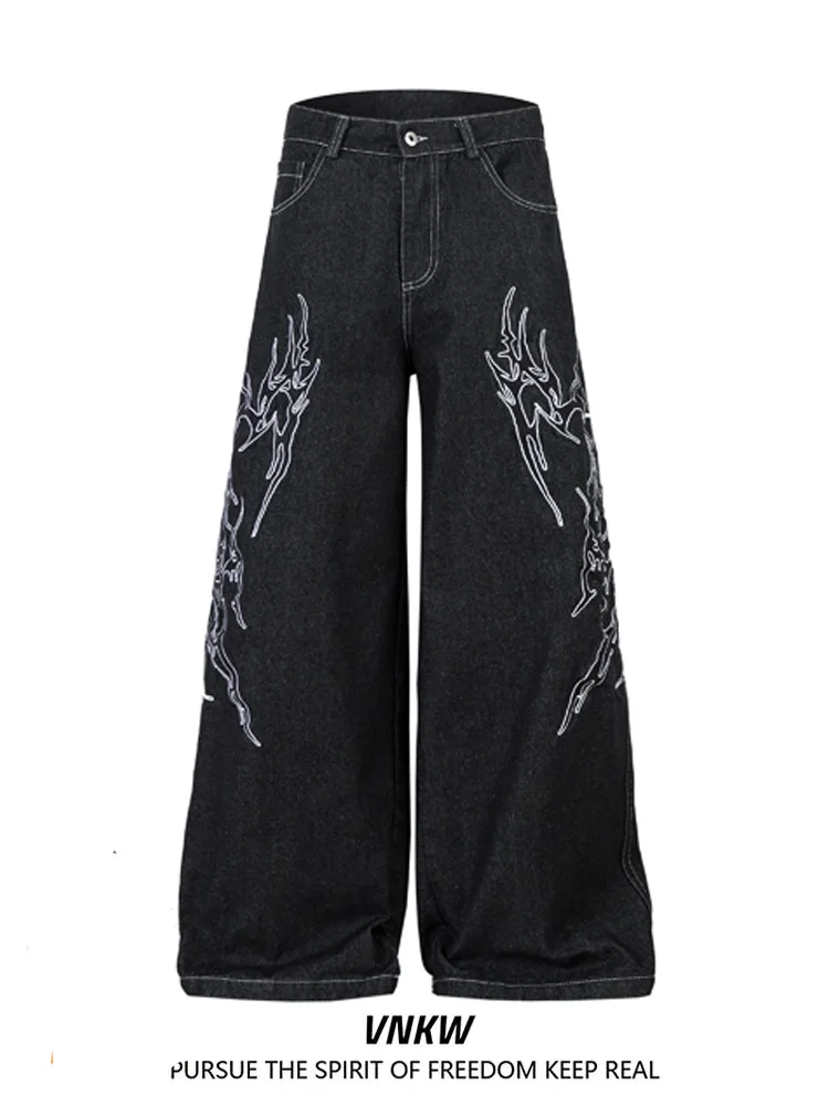 

Джинсы с вышивкой в американском стиле Sle adient, свободные повседневные брюки длиной до пола для мужчин и женщин, винтажные брюки в стиле хип-хоп...